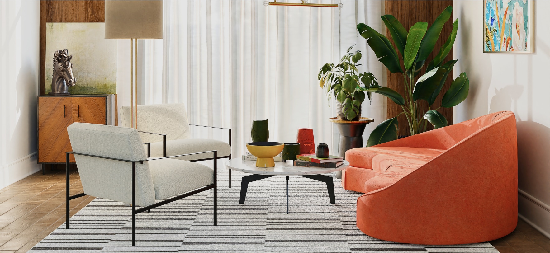 living room with white chairs and an orange chaise lounge